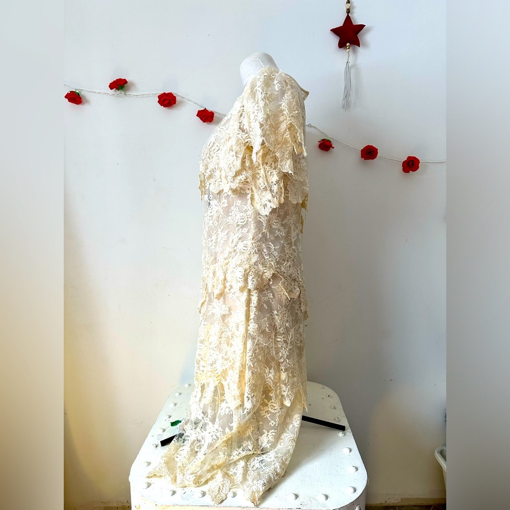 Vintage Cream Lace Ruffle Dress M L - Picture 8 of 10